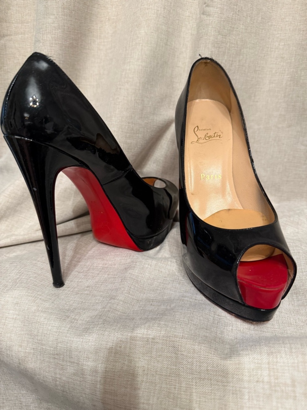 Christian Louboutin Black Patent Peep-Toe Platform Pumps with Red Sole